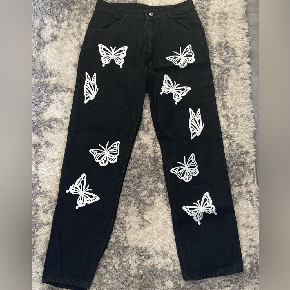 Black butterfly print wide leg jeans